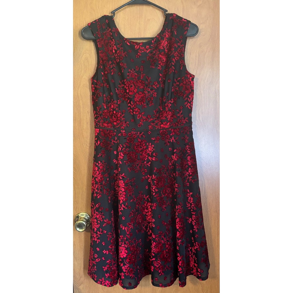 Tahari Arthur S Levine Red Black Floral Velvet Burnout Dress 8P Whimsigoth